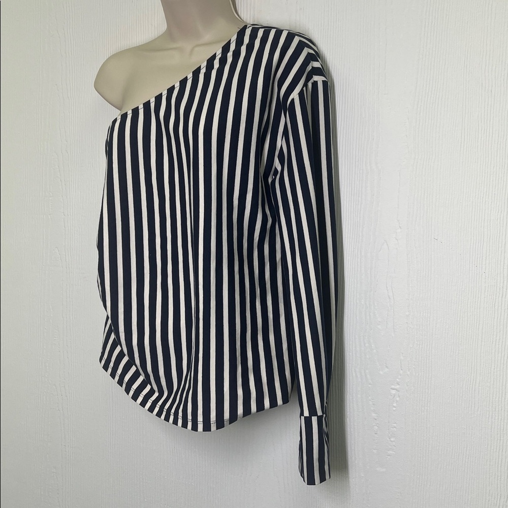 Zara - Nautical Navy And White Stripe Lightweight One Sleeve Blouse Size Small - Picture 6 of 11